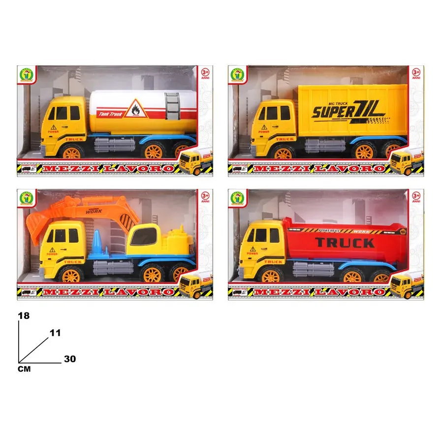 MAZZEO GIOCATTOLI Mezzi Lavoro Plastic Toy Truck Set 30 Cm Friction Powered 1:30 Scale Construction Vehicles for Kids Ages 3+