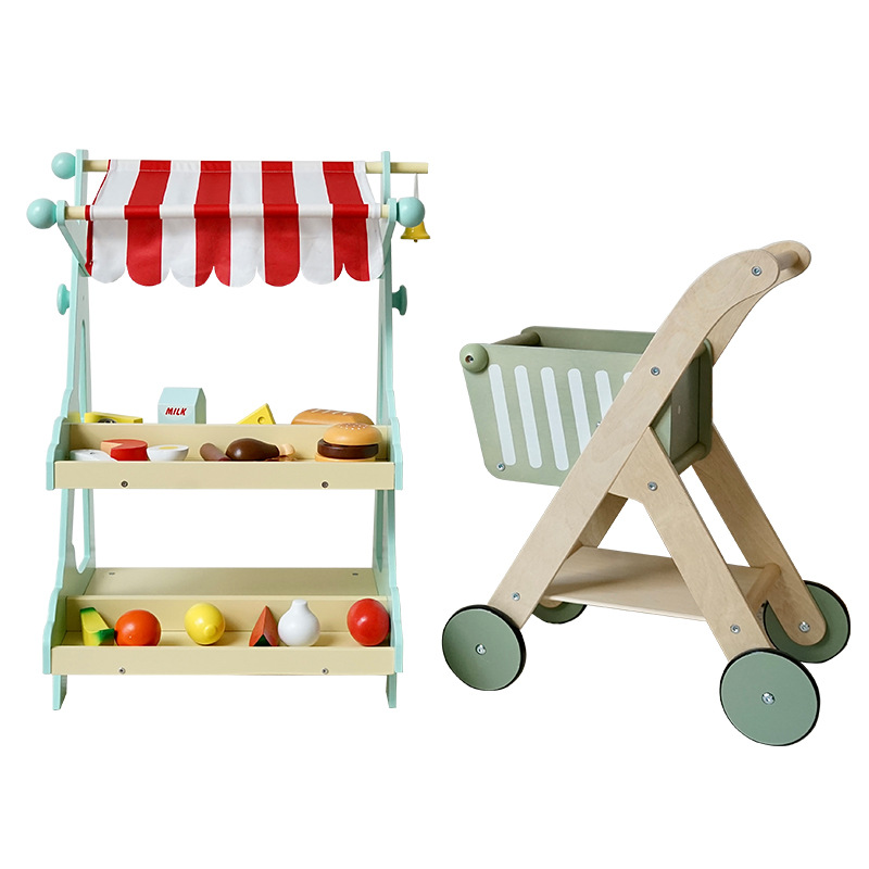 Wooden Grocery Shopping Pretend Play Toy with Shopping Cart Trolley for Preschool Kids
