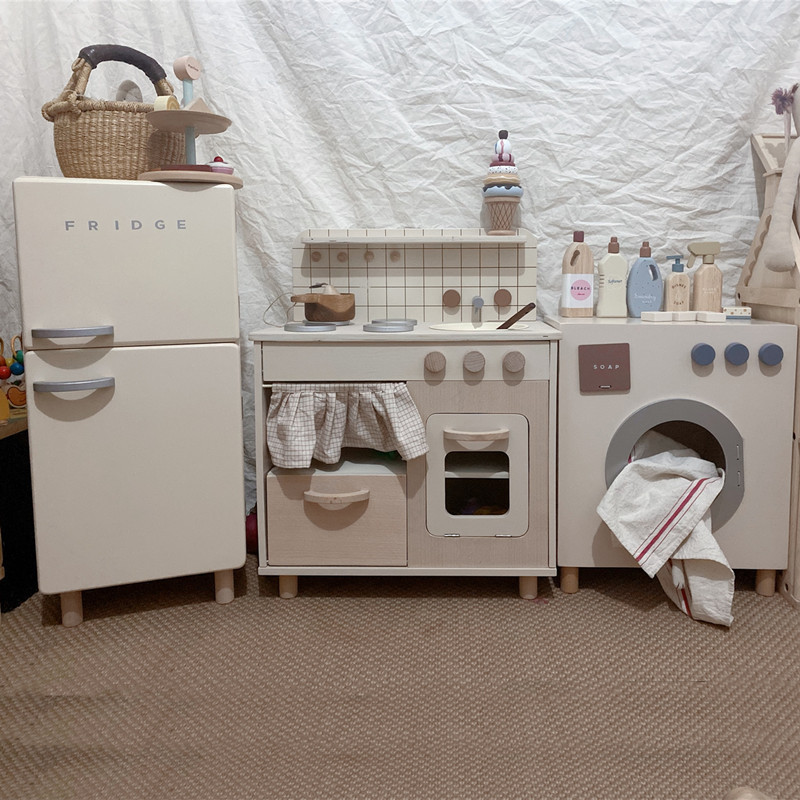 New Customize 3 Piece Set Educational Toy Pretend Play Wooden Children Kitchen Toy Set Refrigerator Washing Machine Toys Set