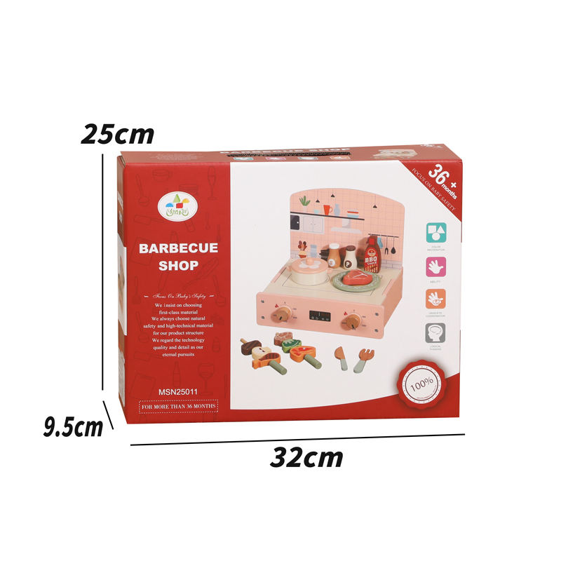 2026 Wooden Mini Portable Kitchen Stove Orange Pretend BBQ Grill Skewer Cooking Set Kids Role Play Toy for Kitchen Play