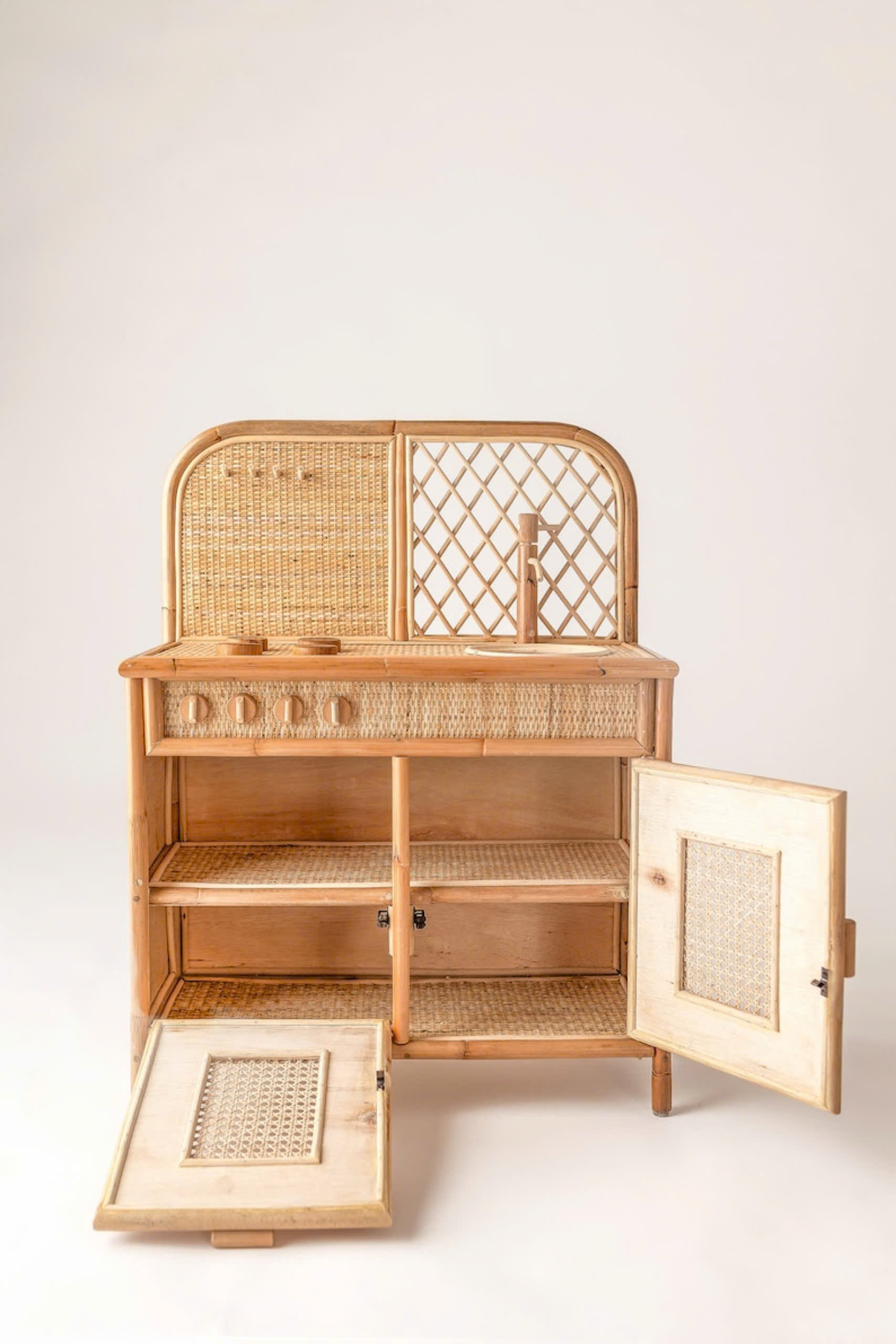 Small Sprouts Handmade Children's Pretend Play Kitchen Kitchenette Toy with Woven Rattan Design Bamboo Cabinet