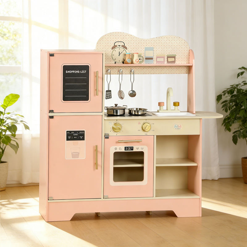 2026 New Children's Wooden Pink Multifunctional Pretend Play Kitchen Refrigerator Toy Play Set for Girls Kids Kitchen Toys