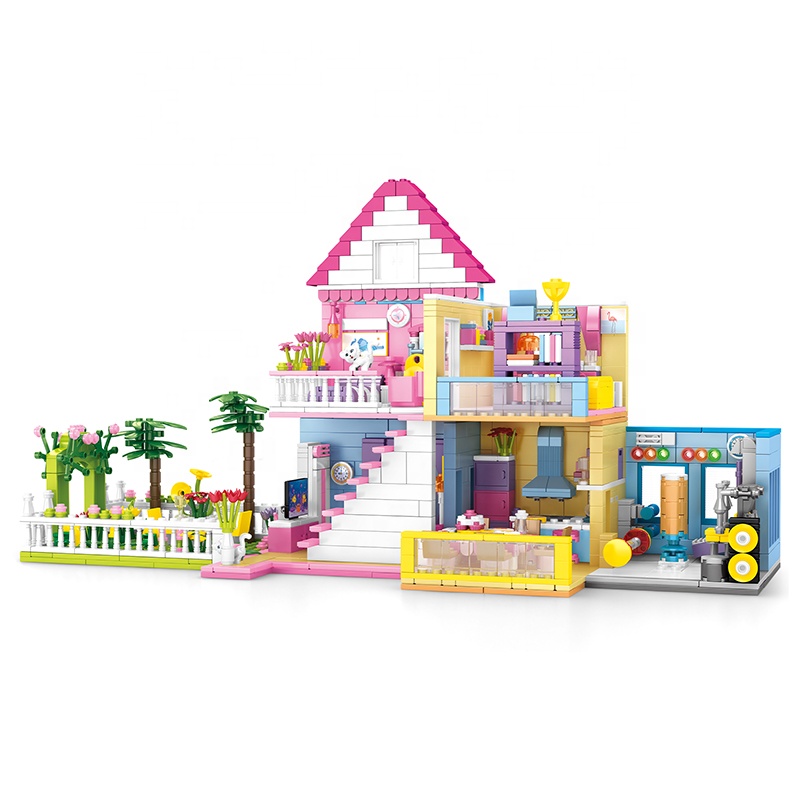 COGO Pink Girls Build Block Multifunctional 6 in 1 Child Build Girl Villa Pretend Play Toy Kids Building Blocks Set