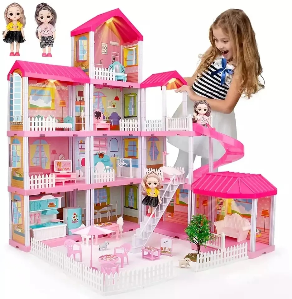Princess Dollhouse Big Size with 2 Dolls, 308PCS DIY Miniature Doll House, Pretend Play Toy Set Luxury Castle Gift for Girls