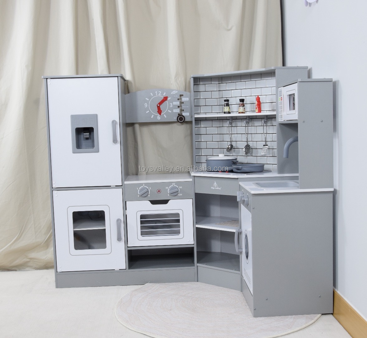 New Design Large MDF Wooden Cooking Pretend Kids Kitchen Play Set with Kitchenware Microwave by Toys Valley