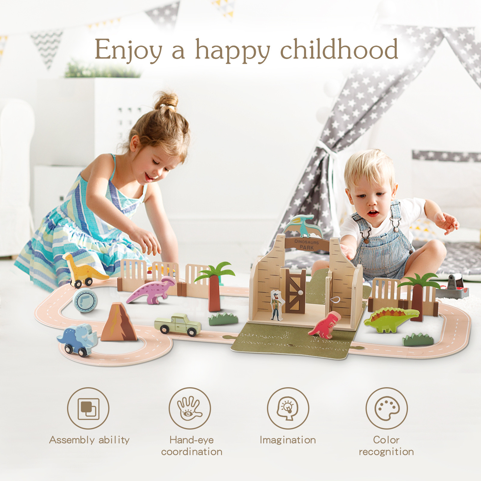 Unisex Role Play Woolen Multi-function Dinosaurs Theme Toy New Designed Pretend Play Set Felt House Barn Wooden Traffic Track