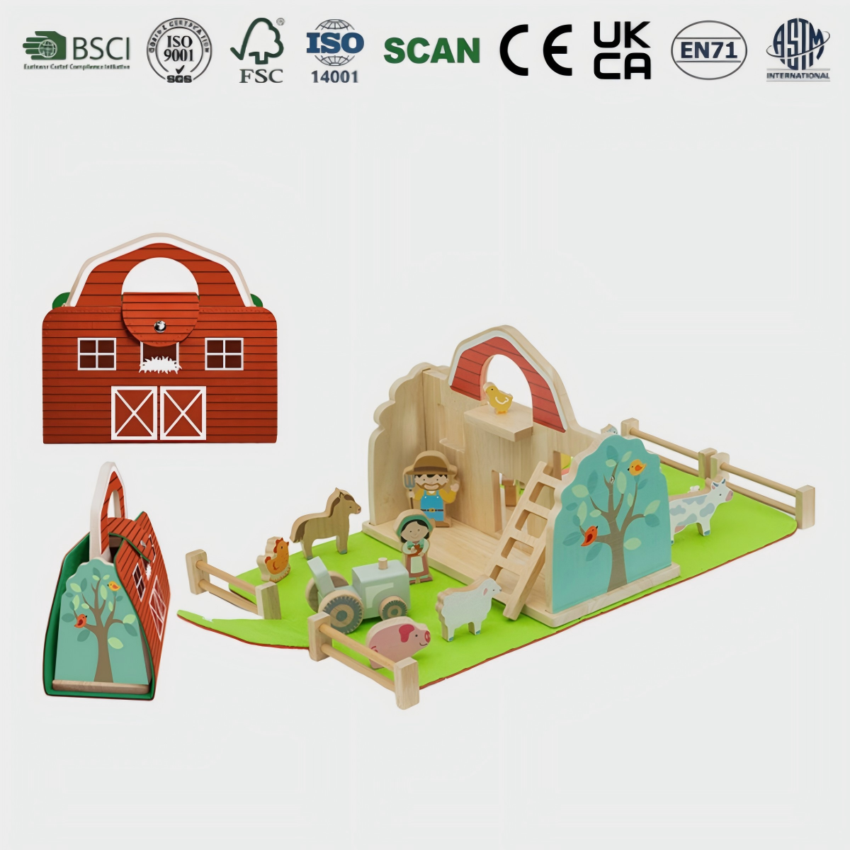 Toddler Wooden Farm Playset Portable Foldable Barn Animals Figures Pretend Play Carry Along Educational Toy for Kids