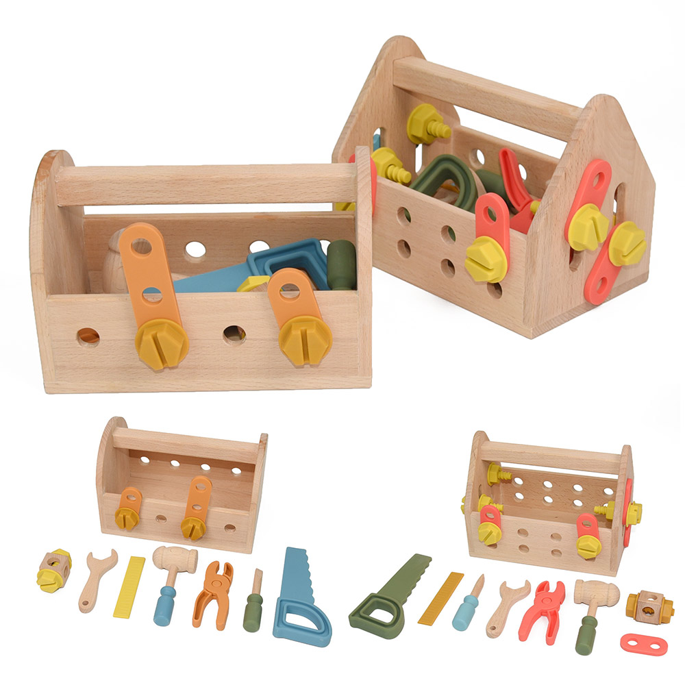 Eco-Friendly Free Bpa Silicone Wooden Role Pretend Play Toy Tools Kit With Tool Box Montessori Educational Construction Toy
