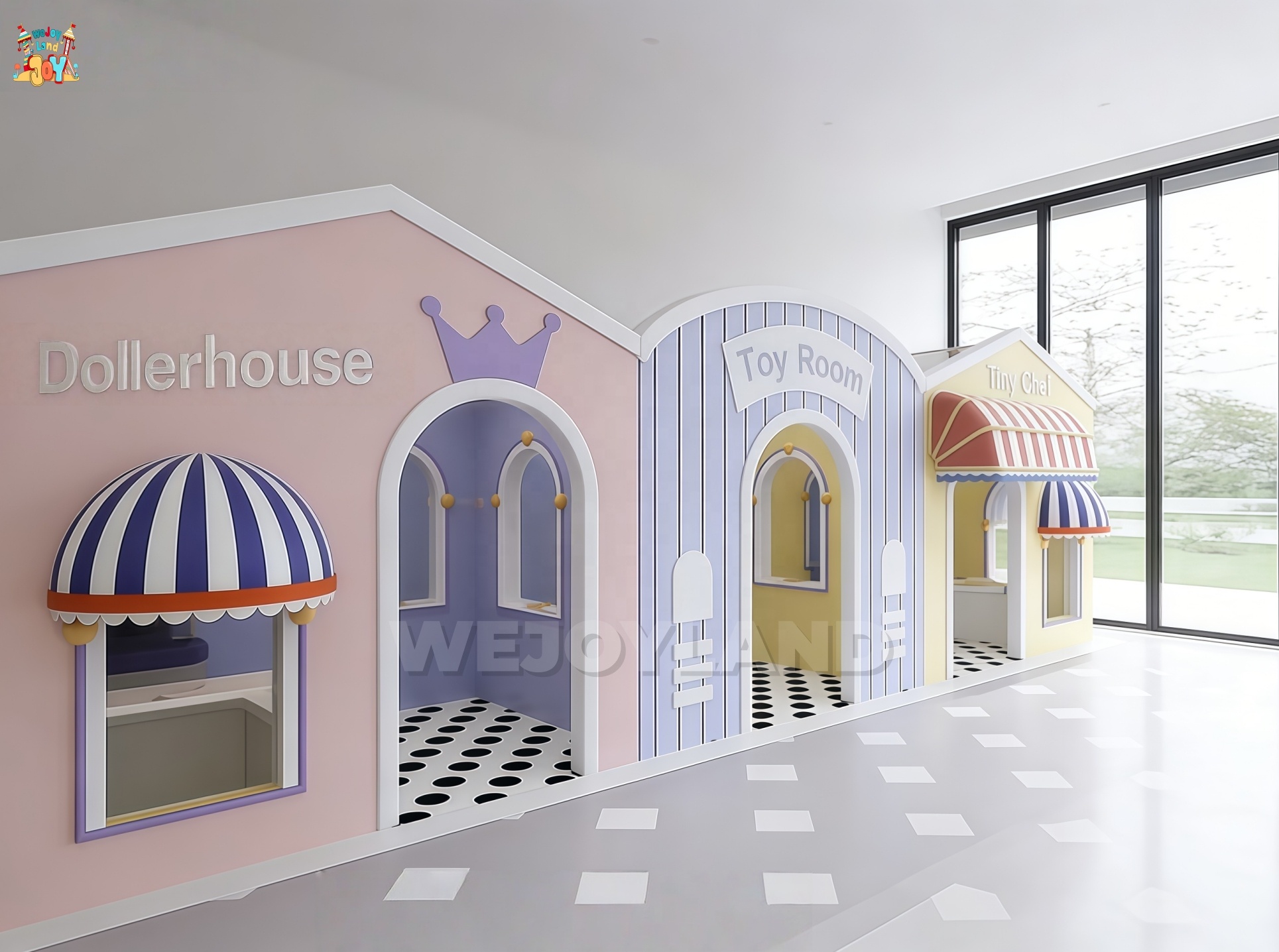 Kid Soft Playground With Mini Town Role Play Area Indoor Entertainment Equipment Playhouse Wooden Coffee Shop For Kid Play Cafe