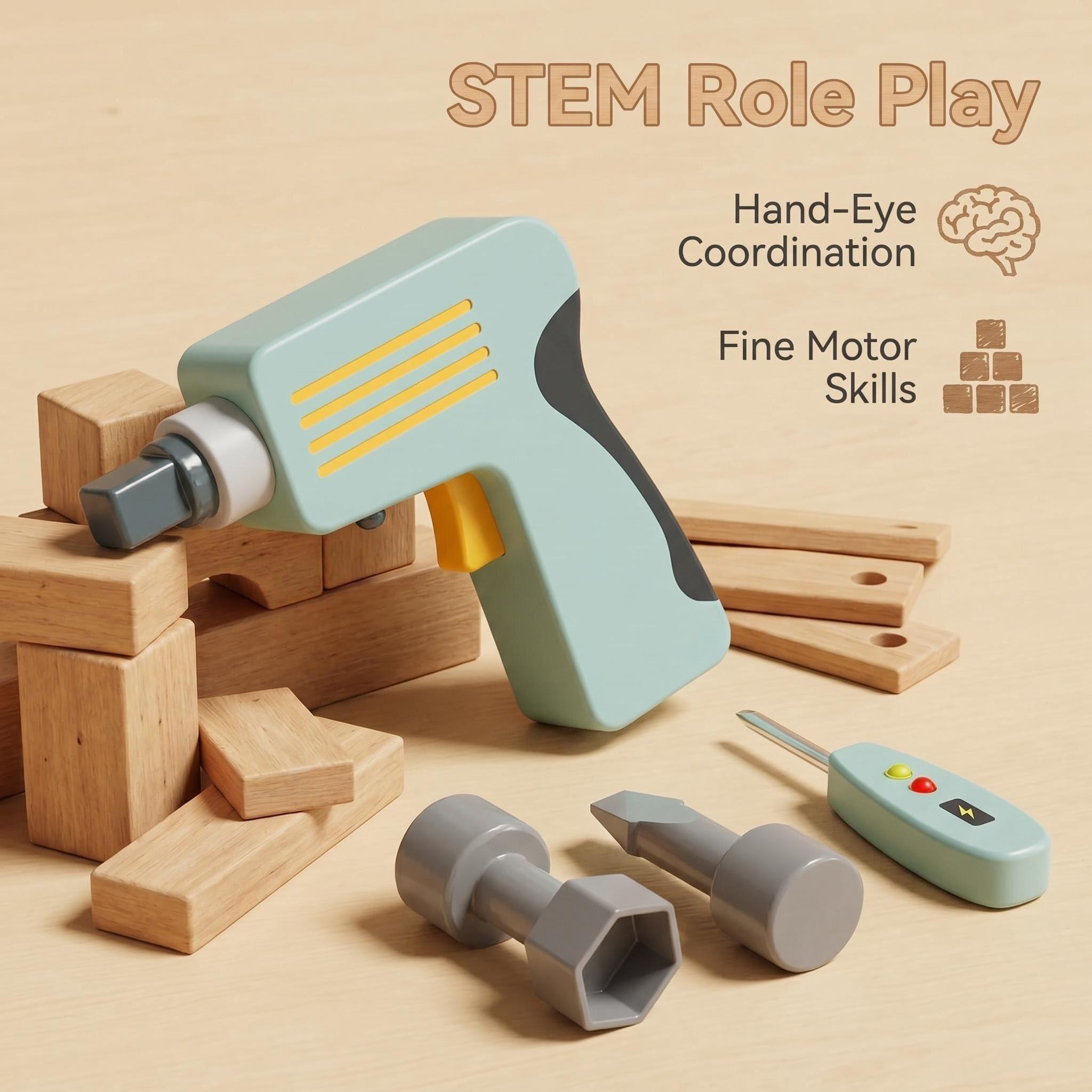 Wooden Toy Playsets Drill Set with Bits Pretend Play Construction Tool Kit for Kids Parent-Child Interactive Educational Play
