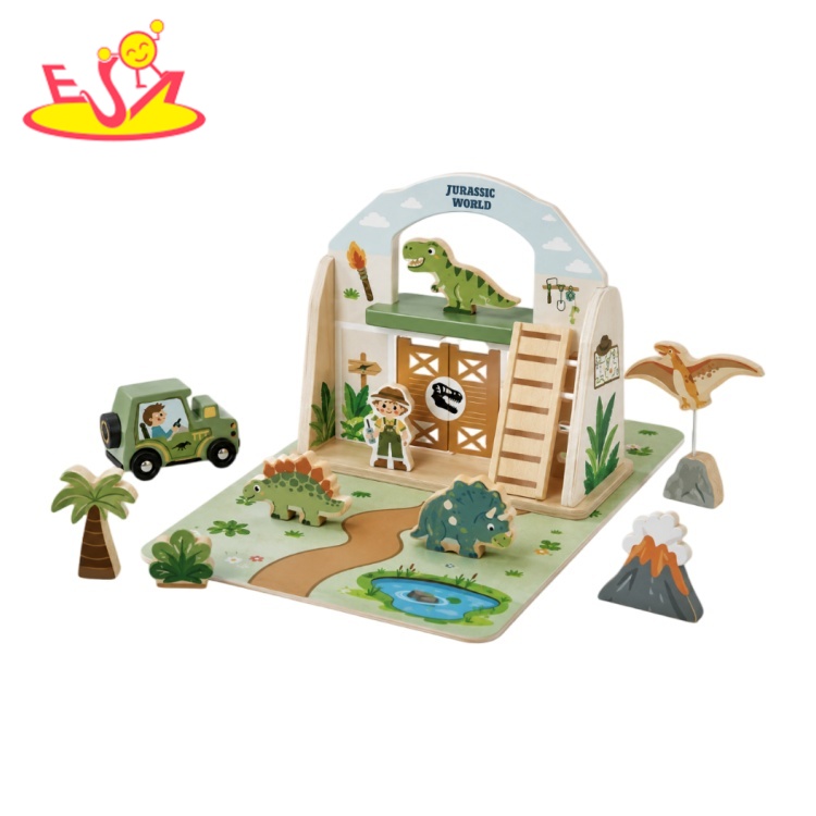 2026 Wooden Dinosaur Play Set Jurassic World Park Adventure Pretend Play Toy with Figures Vehicle Volcano for Toddlers W06A746