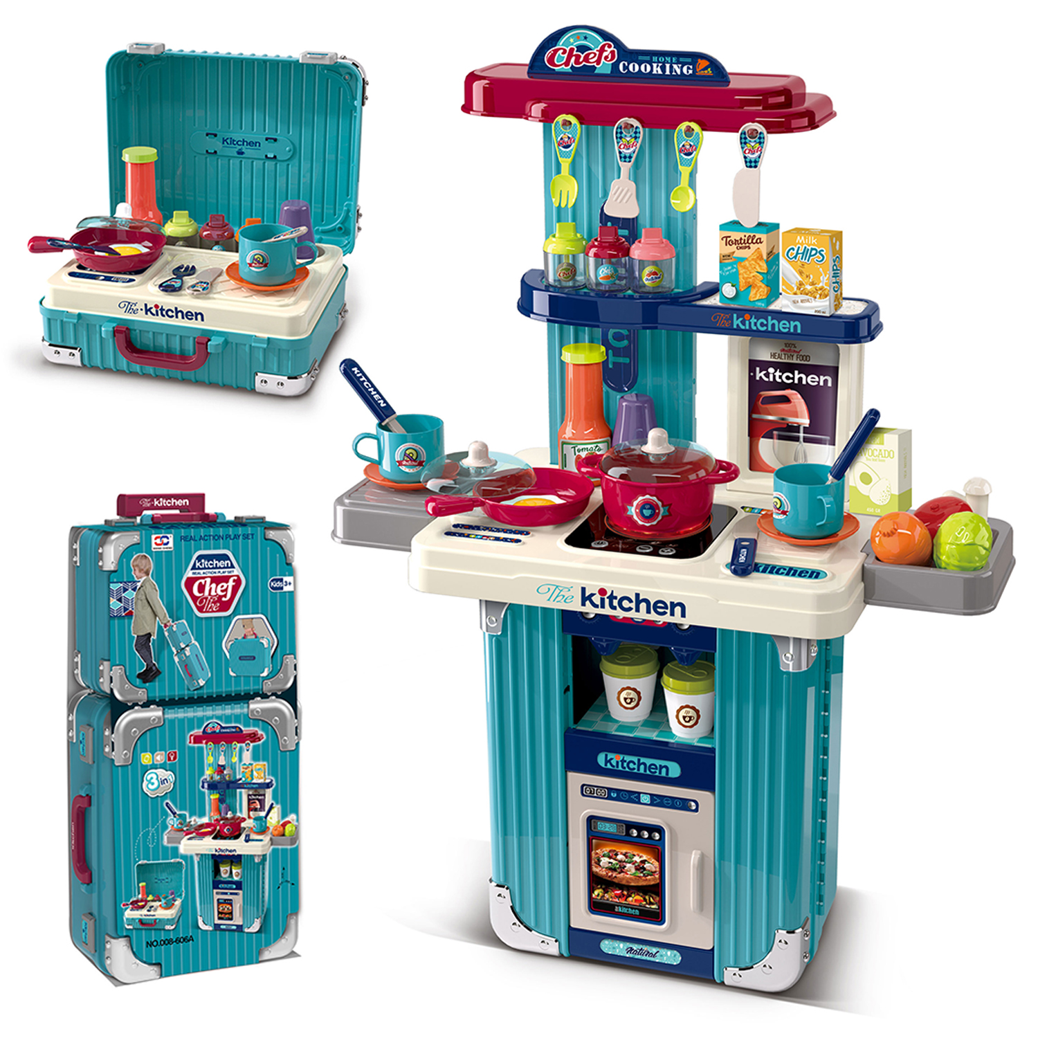 3 in 1 Plastic Kids Kitchen Set Toy Suitcase Pretend Play Preschool Cooking Game Toy Tableware Kitchen Toys for Girls