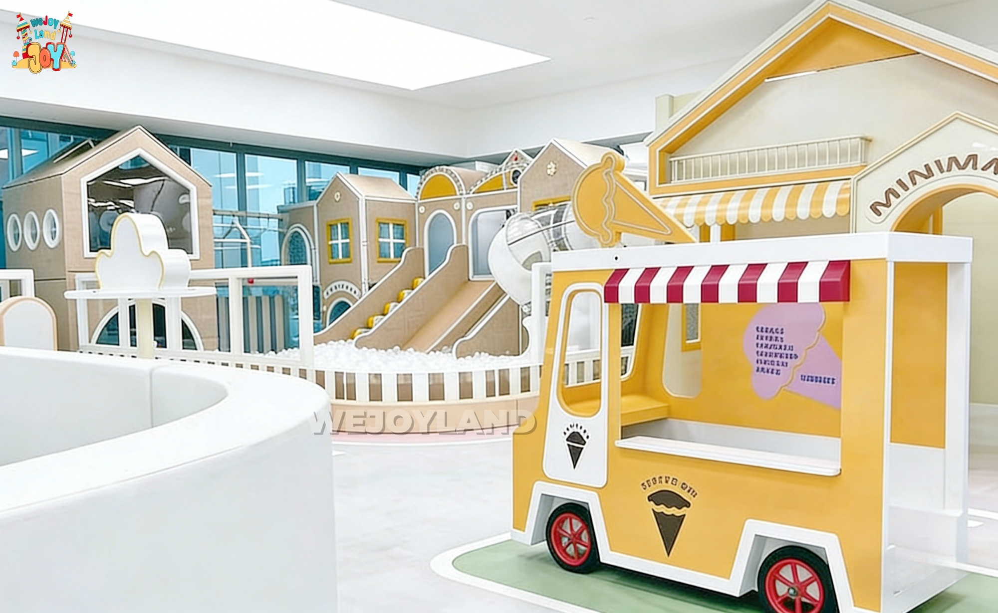 Wooden Pretend Indoor Playground Equipment With Ball Pit Slide Kids Role Play Sensory Ice Cream Truck With Cow For Play Cafe