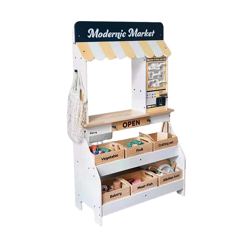 Kids Wooden Pretend Play Supermarket Set With Fruit Store Shopping Shelf Swipe Card Cashier And Mini Shop For Role Play