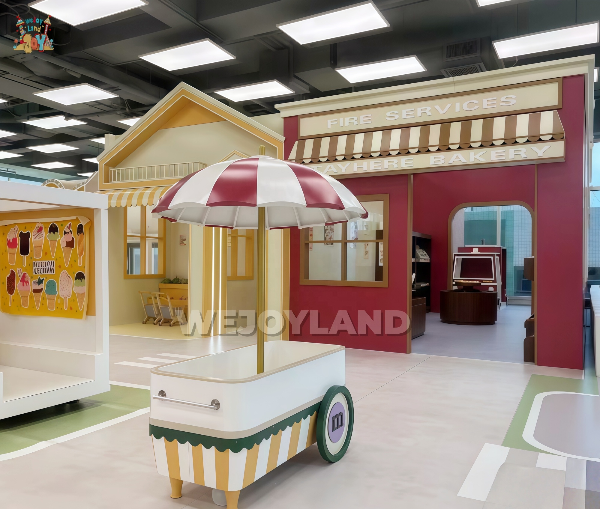 Wooden Pretend Indoor Playground Equipment With Ball Pit Slide Kids Role Play Sensory Ice Cream Truck With Cow For Play Cafe