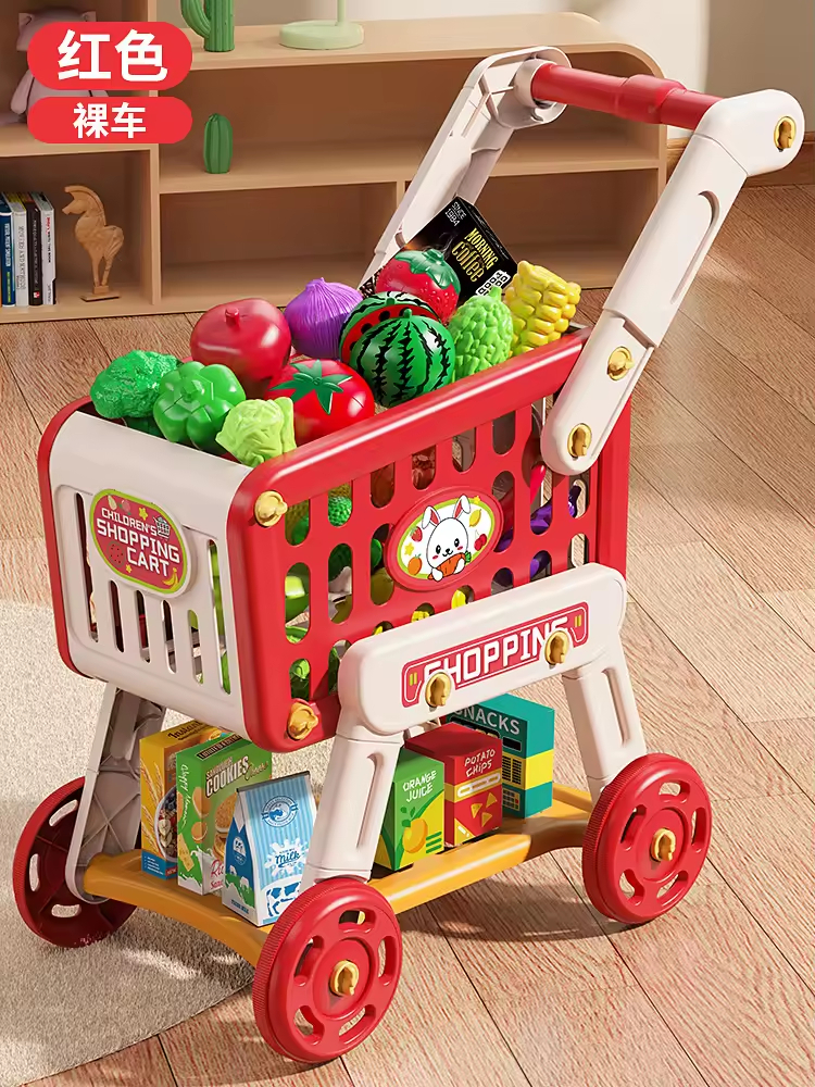 Hotsale Kids Play Plastic Shopping Trolleys with Vegetables Fruits Supermarket for Boys Girls Pretend Play Shopping Cart Toy Set