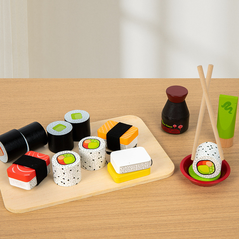 Children Role Play Toy Pretend Wooden Sushi Food Play Set Kids Early Education Wooden Kitchen Toy