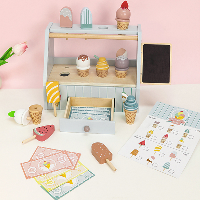 Hot Selling Children's Wooden Pretend Play House Kitchen Girl Games Interactive Wooden Simulation Ice Cream Shop Kids Toy Set