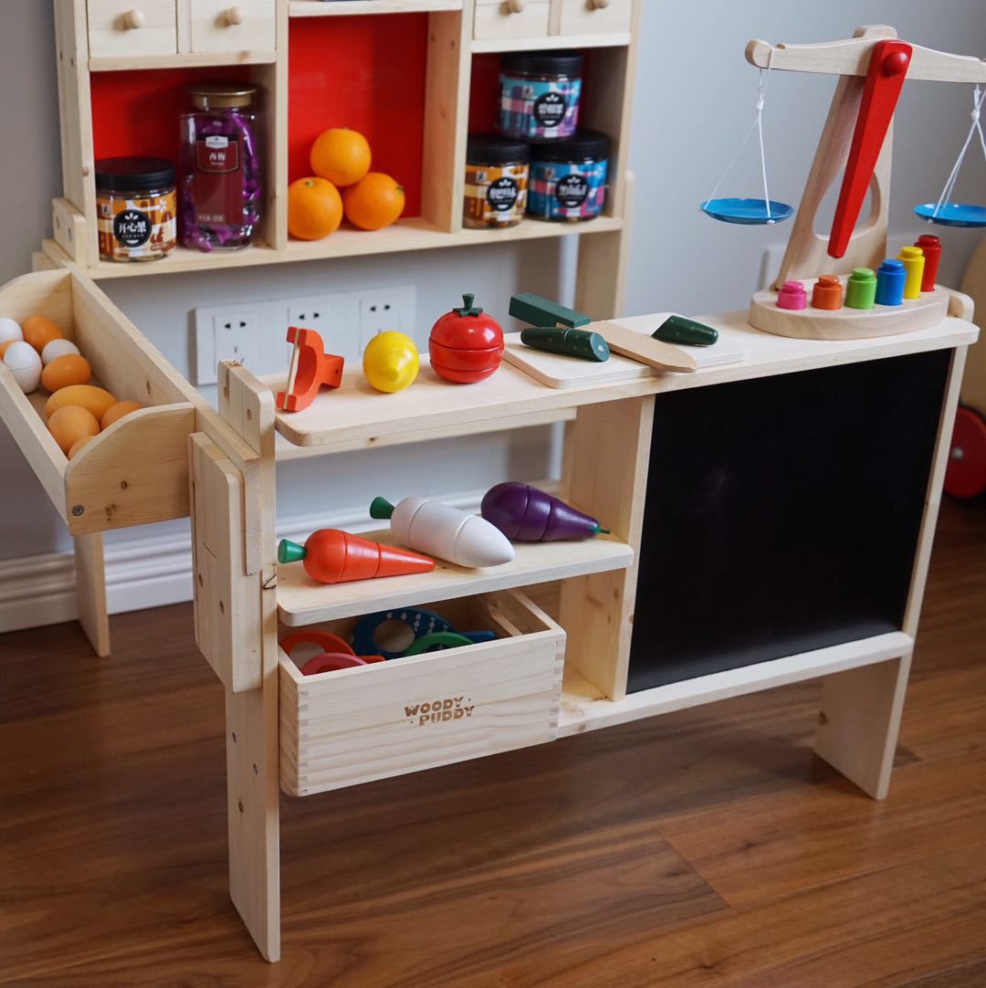 Hot Wooden Children Role Play Toy Simulation Shop Wooden Fruits Vegetables Supermarket Grocery Shopkeeper Cart Stand Kitchen Toy