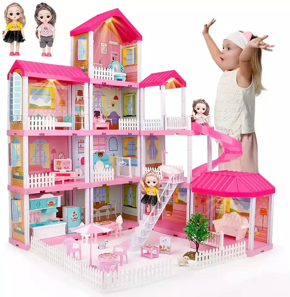 Princess Dollhouse Big Size with 2 Dolls, 308PCS DIY Miniature Doll House, Pretend Play Toy Set Luxury Castle Gift for Girls
