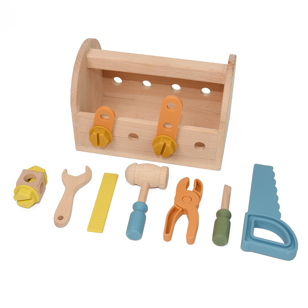 Eco-Friendly Free Bpa Silicone Wooden Role Pretend Play Toy Tools Kit With Tool Box Montessori Educational Construction Toy