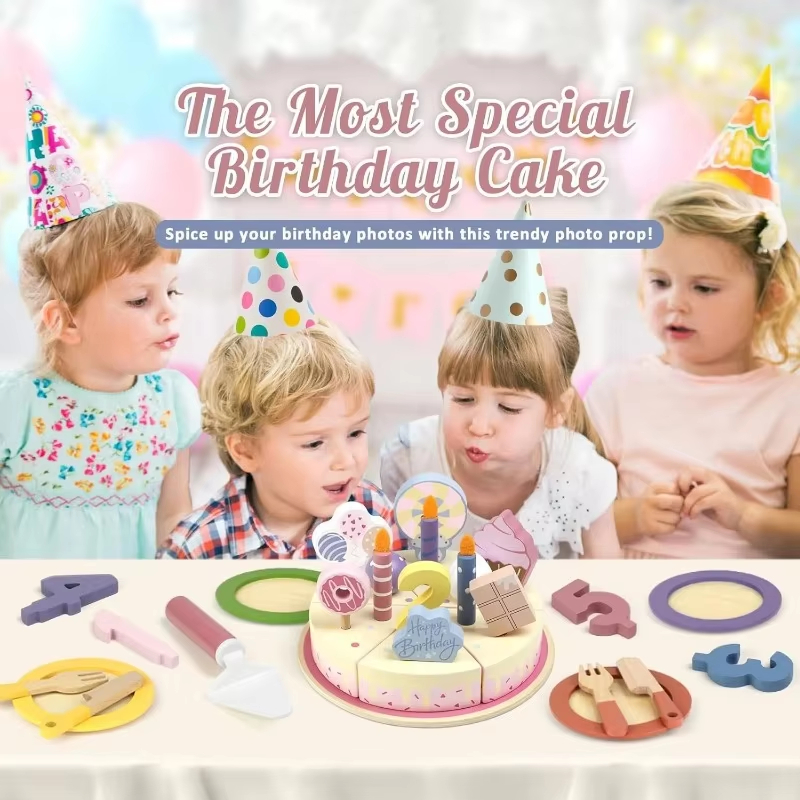 Custom Logo Wooden Kids Kitchen Toys Simulation Birthday Cake Toy Pretend Play Cutting Food Game Children Role Play Toy Gifts
