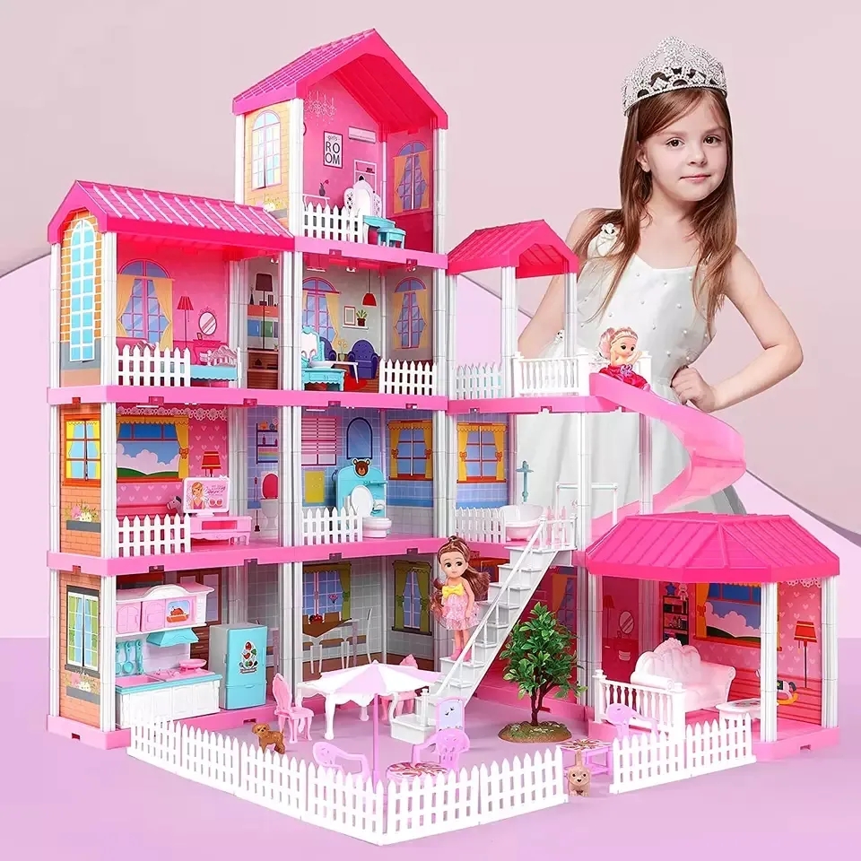 Princess Dollhouse Big Size with 2 Dolls, 308PCS DIY Miniature Doll House, Pretend Play Toy Set Luxury Castle Gift for Girls