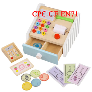 CPC CE EN71 Wooden Cash Register Toy Educational Simulation Cashier Pretend Play Wooden Shopping Checkout Counter Toy Set Kids
