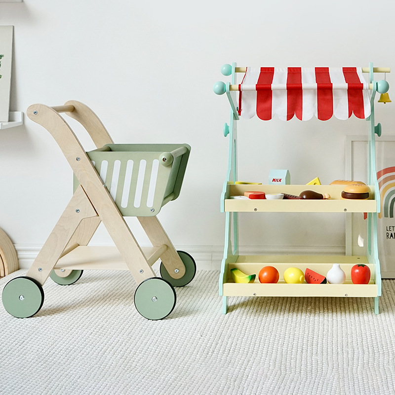 Wooden Grocery Shopping Pretend Play Toy with Shopping Cart Trolley for Preschool Kids