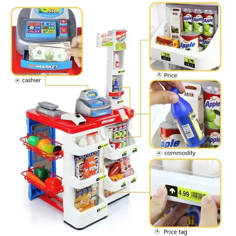 Hot Selling Simulation Pretend Play Supermarket Set with Accessories Shopping Cart &amp; Scanner Educational Role Play Gift for Kids