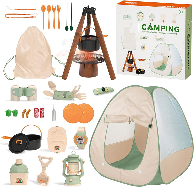 Kids Camping Set Indoor/Outdoor Pretend Play Adventure Kit with Single Layer Soft Toy Tent