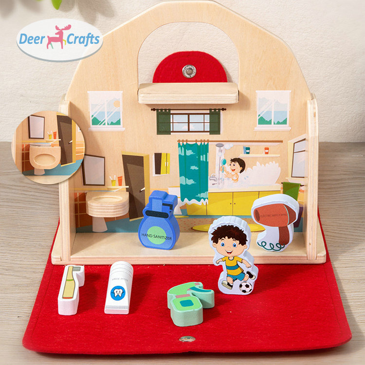 Wooden 3-in-1 Play House Set: Kitchen, Bathroom &amp; Cutting Toys with Portable Handbag DD10885