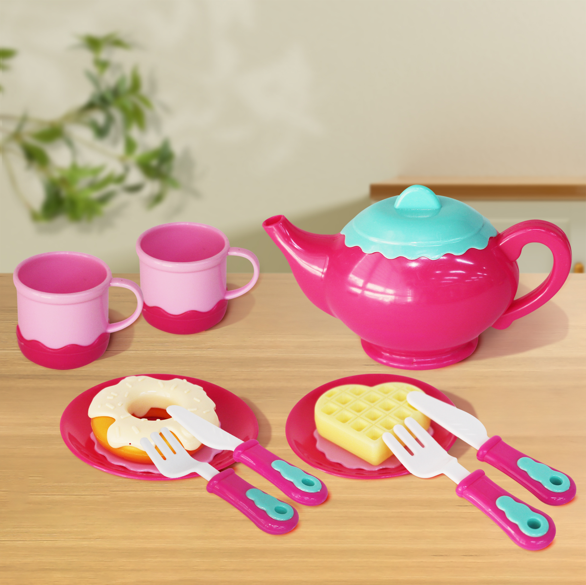 Fun Plastic Tableware Set Kitchen Pretend Play &amp; Educational Learning Picnic Toys Includes Tea Pot &amp; Foods
