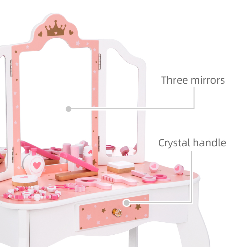 Girls Princess Makeup Pretend Play Wooden Vanity Dress-up Table Toys for Kids Role Play with Mirror