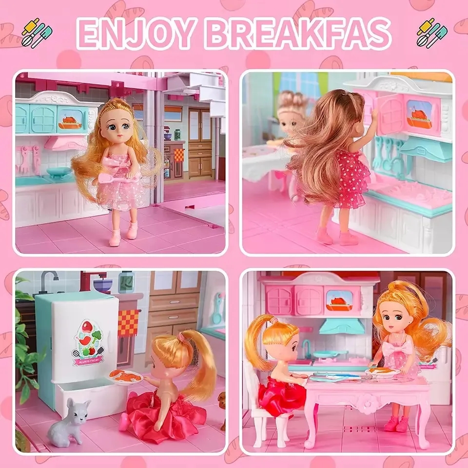 Princess Dollhouse Big Size with 2 Dolls, 308PCS DIY Miniature Doll House, Pretend Play Toy Set Luxury Castle Gift for Girls
