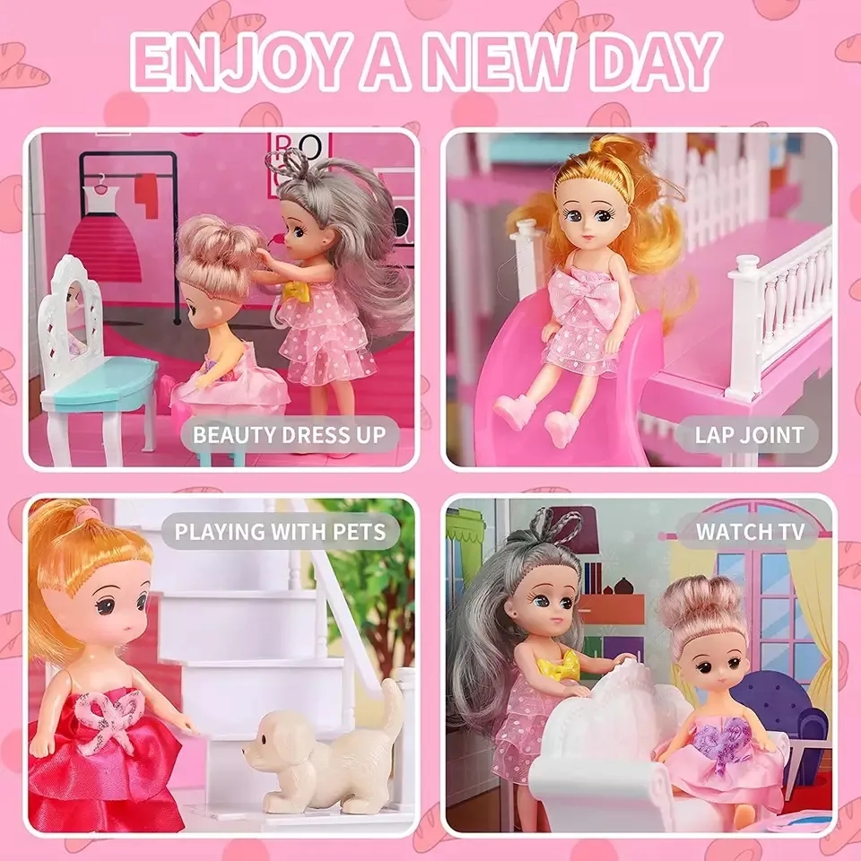 Princess Dollhouse Big Size with 2 Dolls, 308PCS DIY Miniature Doll House, Pretend Play Toy Set Luxury Castle Gift for Girls