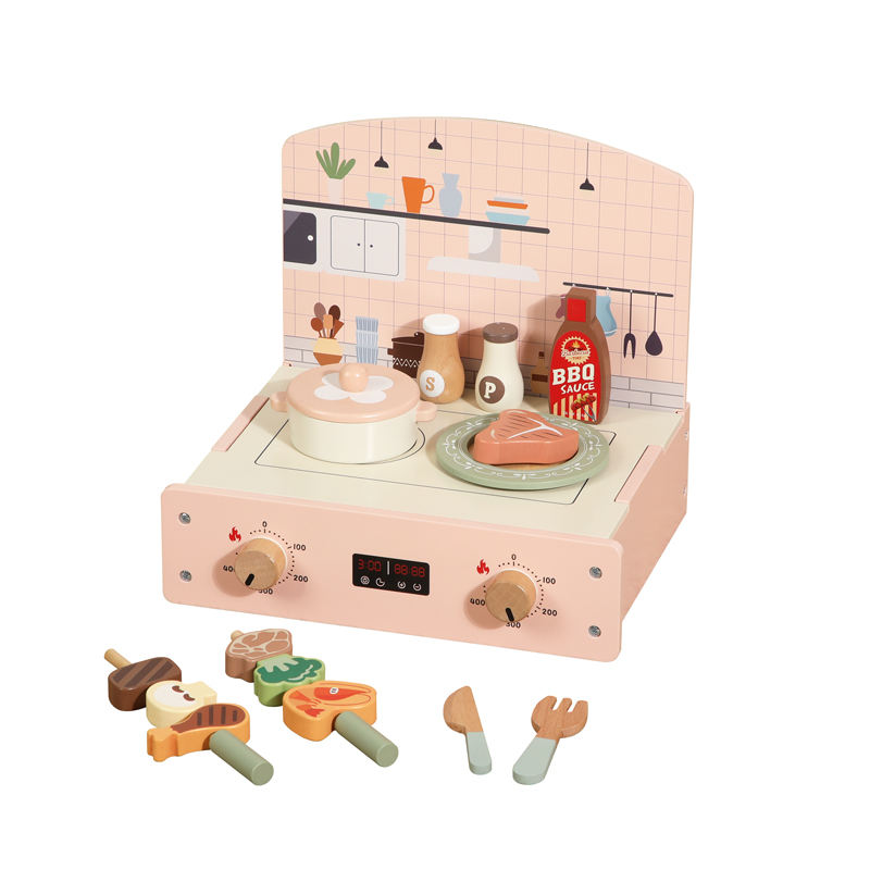2026 Wooden Mini Portable Kitchen Stove Orange Pretend BBQ Grill Skewer Cooking Set Kids Role Play Toy for Kitchen Play