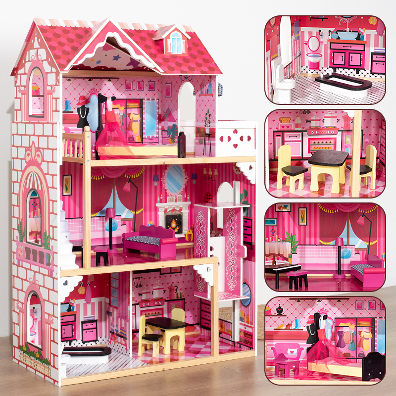 Kid Role Play Educational DIY Castle Family Oversized Villa Dollhouse Children Hot Pink Other Material Doll House Toy Set