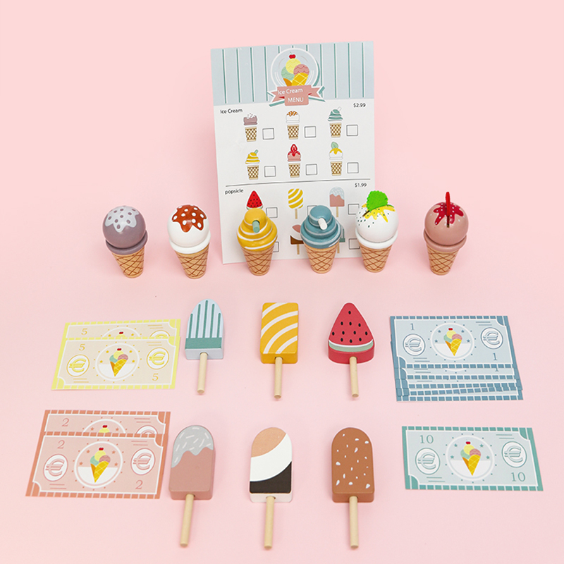 Hot Selling Children's Wooden Pretend Play House Kitchen Girl Games Interactive Wooden Simulation Ice Cream Shop Kids Toy Set