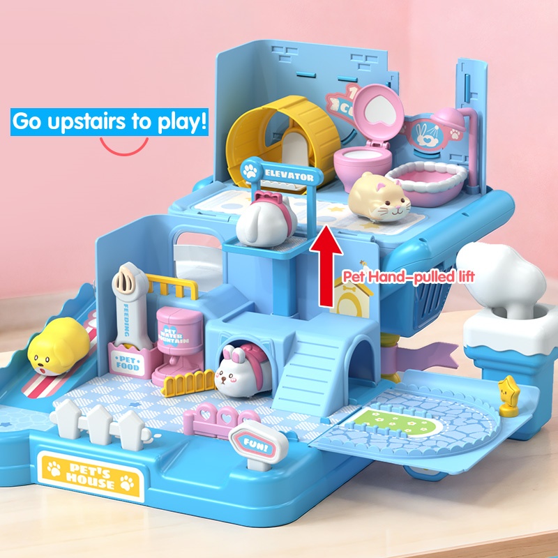 Children Magnetic Play House Pretend Play Toys Set Portable Plastic Pet Magnetic Pink Doll House for Girls and Boys with Sound