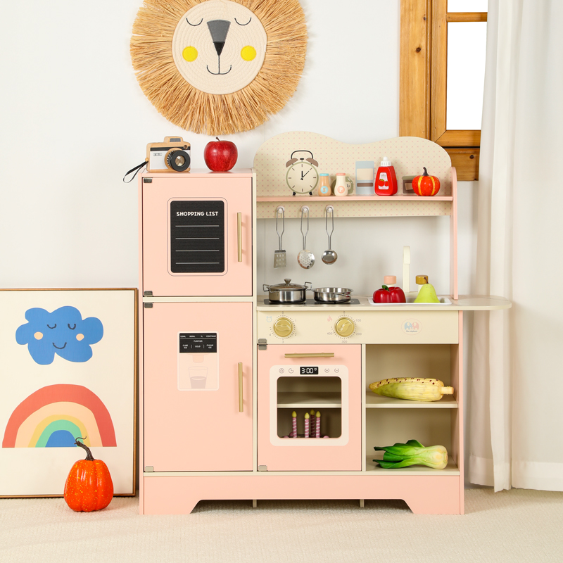 2026 New Children's Wooden Pink Multifunctional Pretend Play Kitchen Refrigerator Toy Play Set for Girls Kids Kitchen Toys