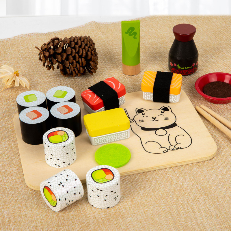 Children Role Play Toy Pretend Wooden Sushi Food Play Set Kids Early Education Wooden Kitchen Toy