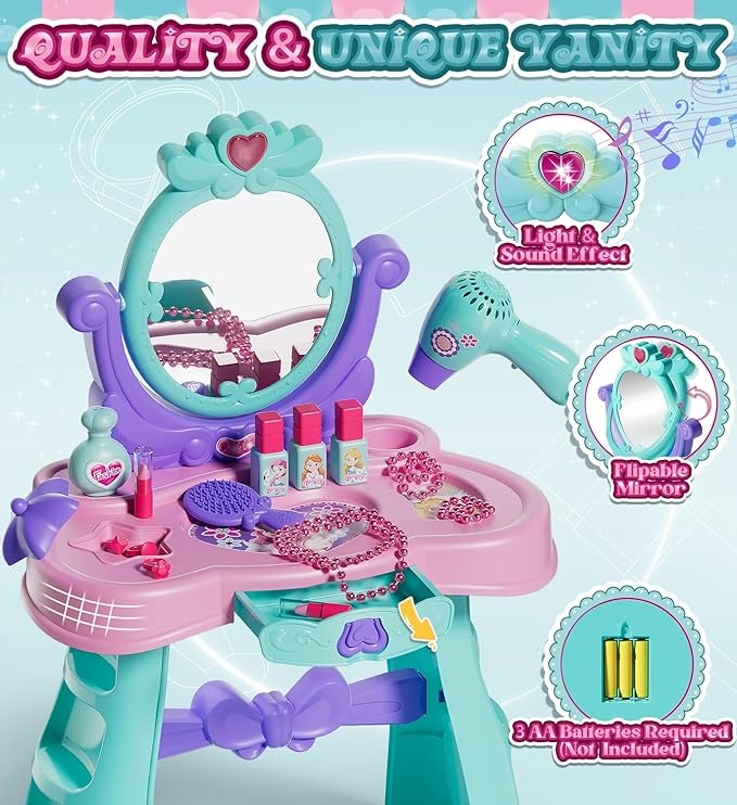 Girls' Plastic Beauty &amp; Fashion Pretend Play Set Includes Dressing Table Music Piano Hair Dryer Children's Chair for Makeup Play