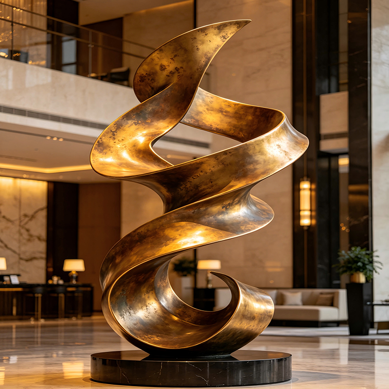 Escultura de bronze fundido em forma de fita dinâmica, ornamento de arte personalizado para piso em hotel