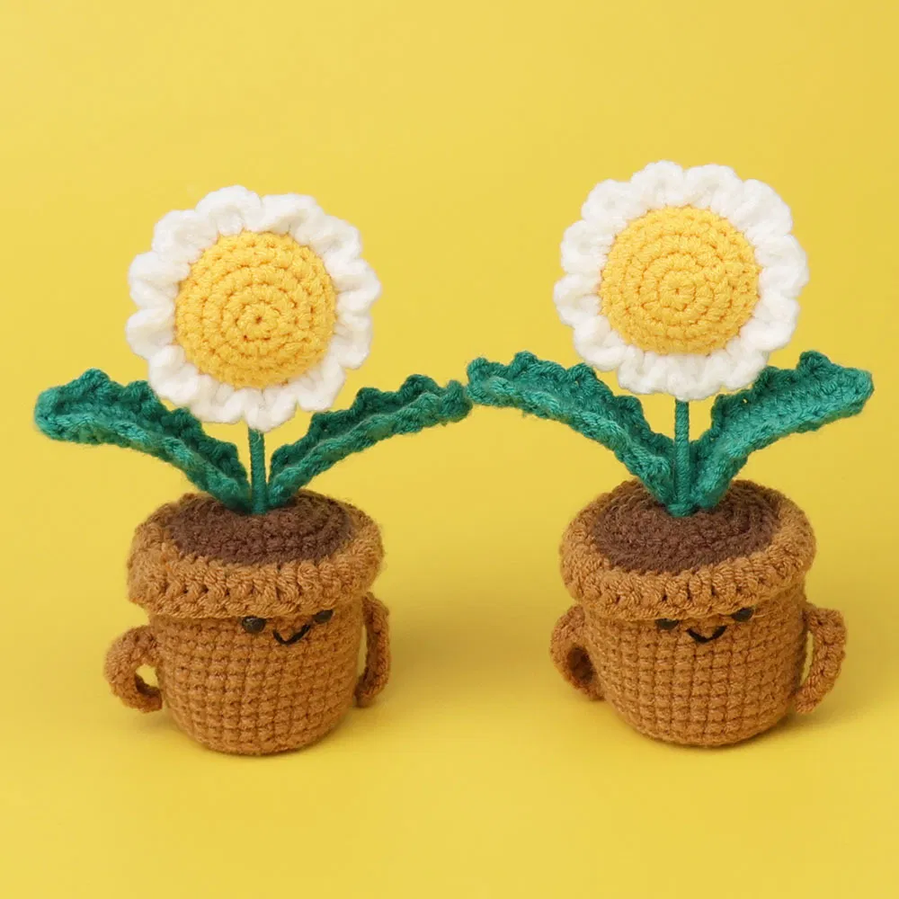 Boneca de Crochê Feita à Mão com Lã Tricotada - Ornamento Engraçado de Girassol e Margarida em Vaso