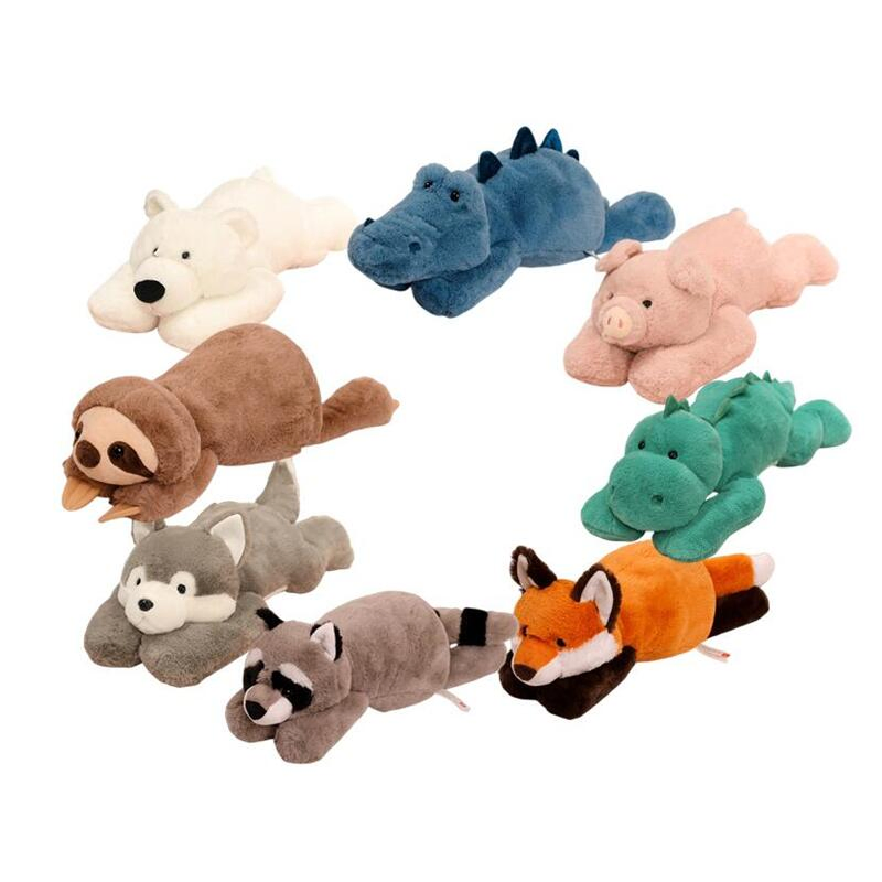 Brinquedos de pelúcia personalizados em atacado com logotipo, fofos e macios, incluindo raposa, urso polar, crocodilo, porco, cachorro, bicho-preguiça, dinossauro e dragão