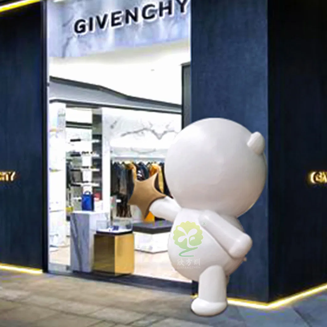 Escultura de boneco de cartoon em vidro e aço, decoração suave para shopping, ornamentos