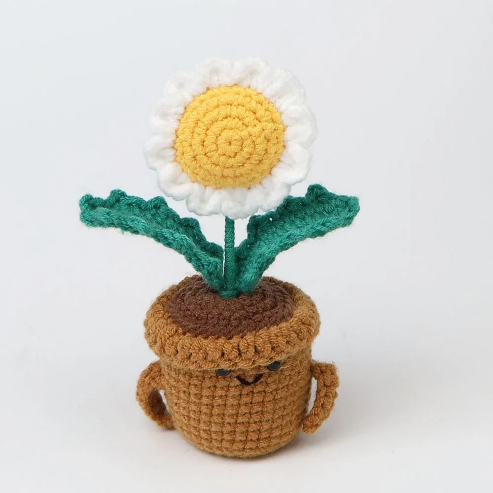 Boneca de Crochê Feita à Mão com Lã Tricotada - Ornamento Engraçado de Girassol e Margarida em Vaso