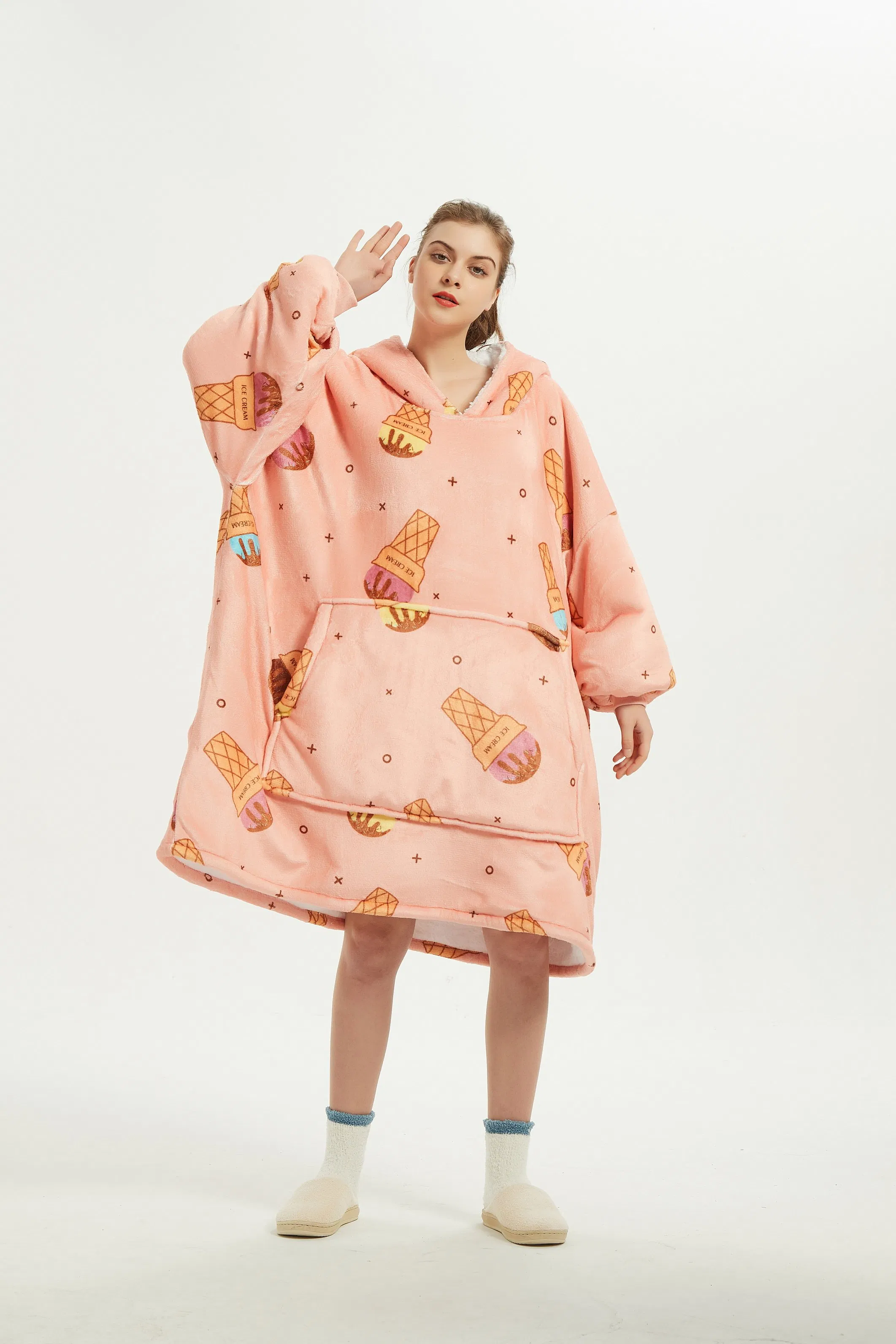 Moletom com capuz oversized de pelúcia Sherpa quente e personalizável em poliéster