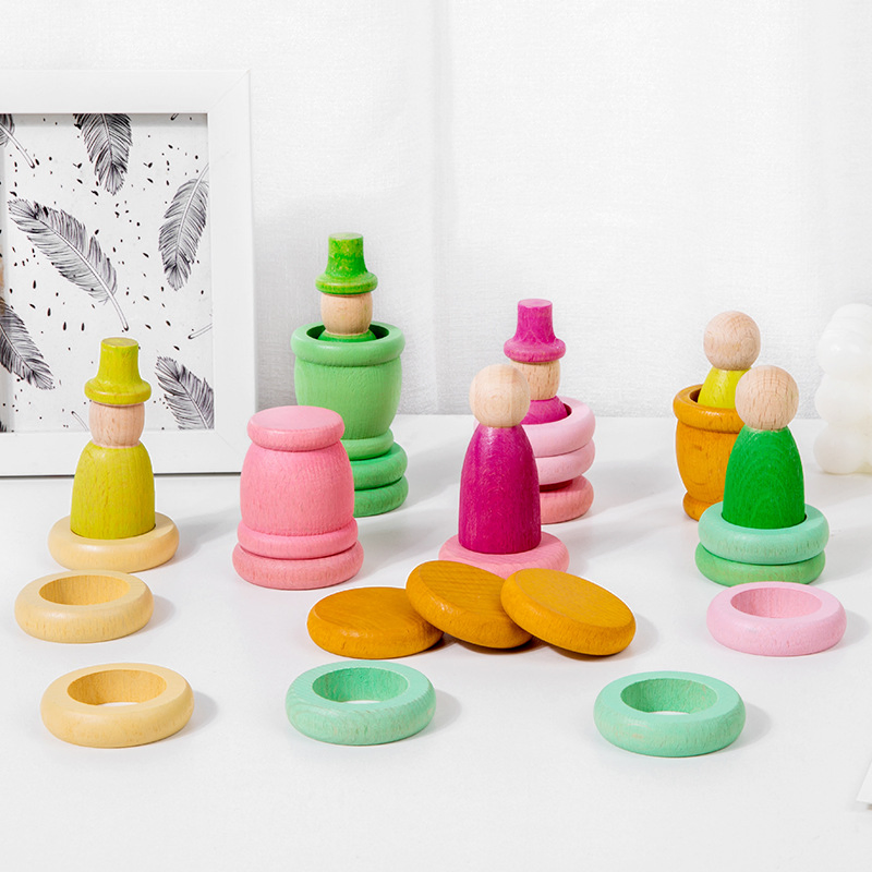 Brinquedo Educativo de Combinação de Cores com Boneca de Pino Arco-Íris de Madeira Waldorf